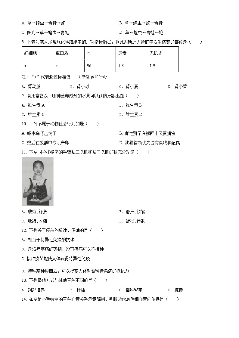 初中生物中考复习 精品解析:2022年吉林省大安市中考生物真题(原卷版)第2页