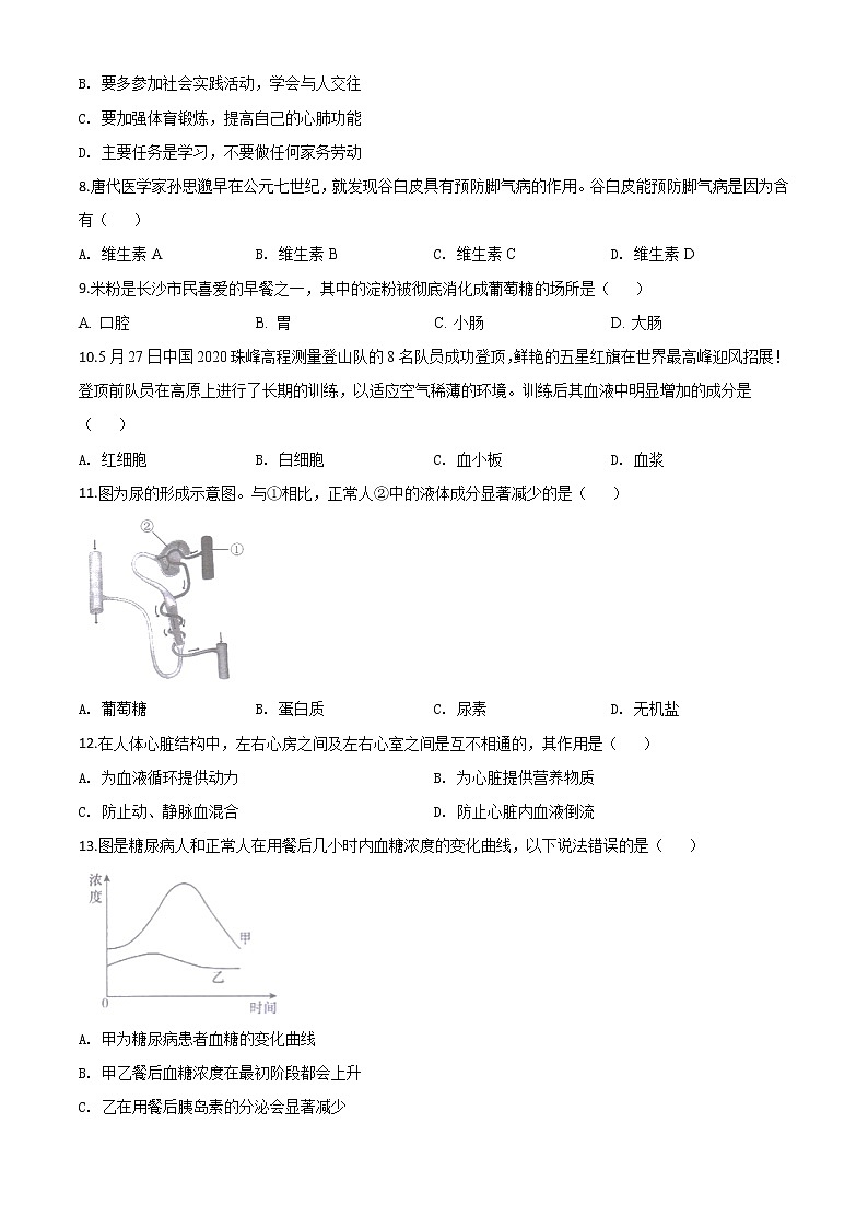 初中生物中考复习 精品解析:湖南省长沙市2020年中考生物试题(原卷版)02