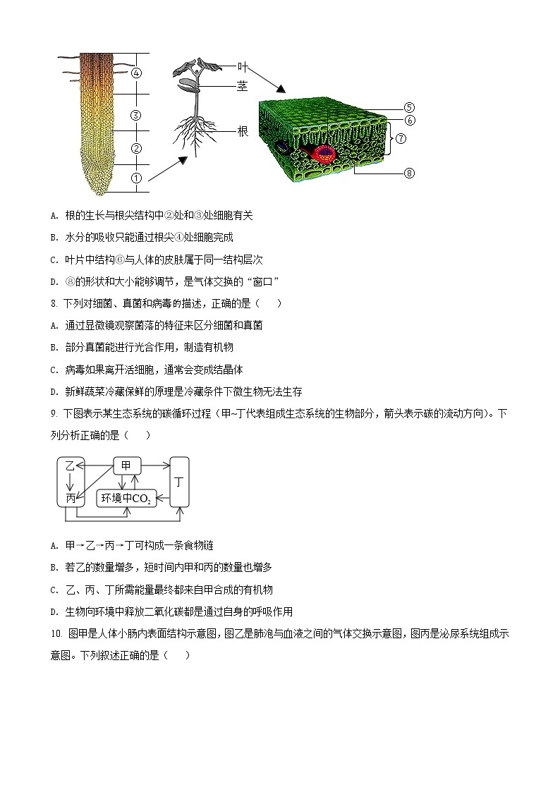 初中生物中考复习 精品解析：内蒙古鄂尔多斯市2021年中考生物试题（原卷版）03