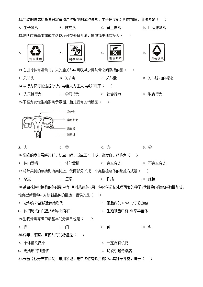 初中生物中考复习 精品解析:云南省昆明市2020年中考生物试题(原卷版)第3页