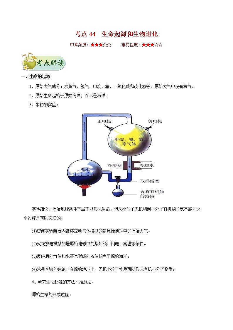 初中生物中考复习 考点44 生命起源和生物进化-备战2021年中考生物考点一遍过第1页
