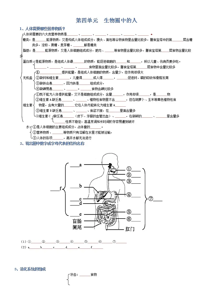 初中生物中考复习 七年级下册-2022年中考生物复习必背考点分册梳理(人教版)(填空版)第1页