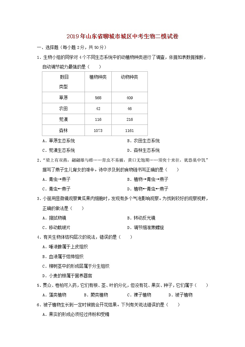 初中生物中考复习 山东省聊城市城区2019年中考生物二模试卷01