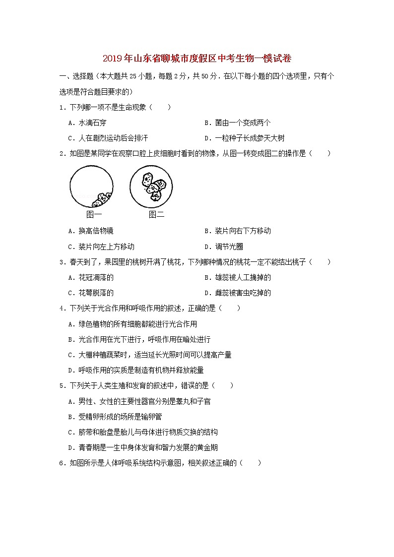 初中生物中考复习 山东省聊城市度假区2019年中考生物一模试卷第1页