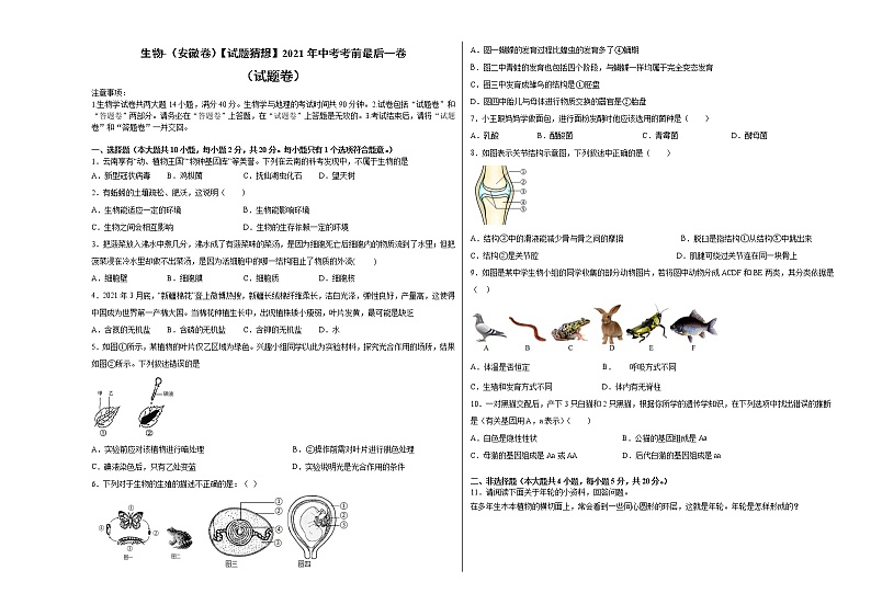 初中生物中考复习 生物-(安徽卷)【试题猜想】2021年中考考前最后一卷(考试版)01