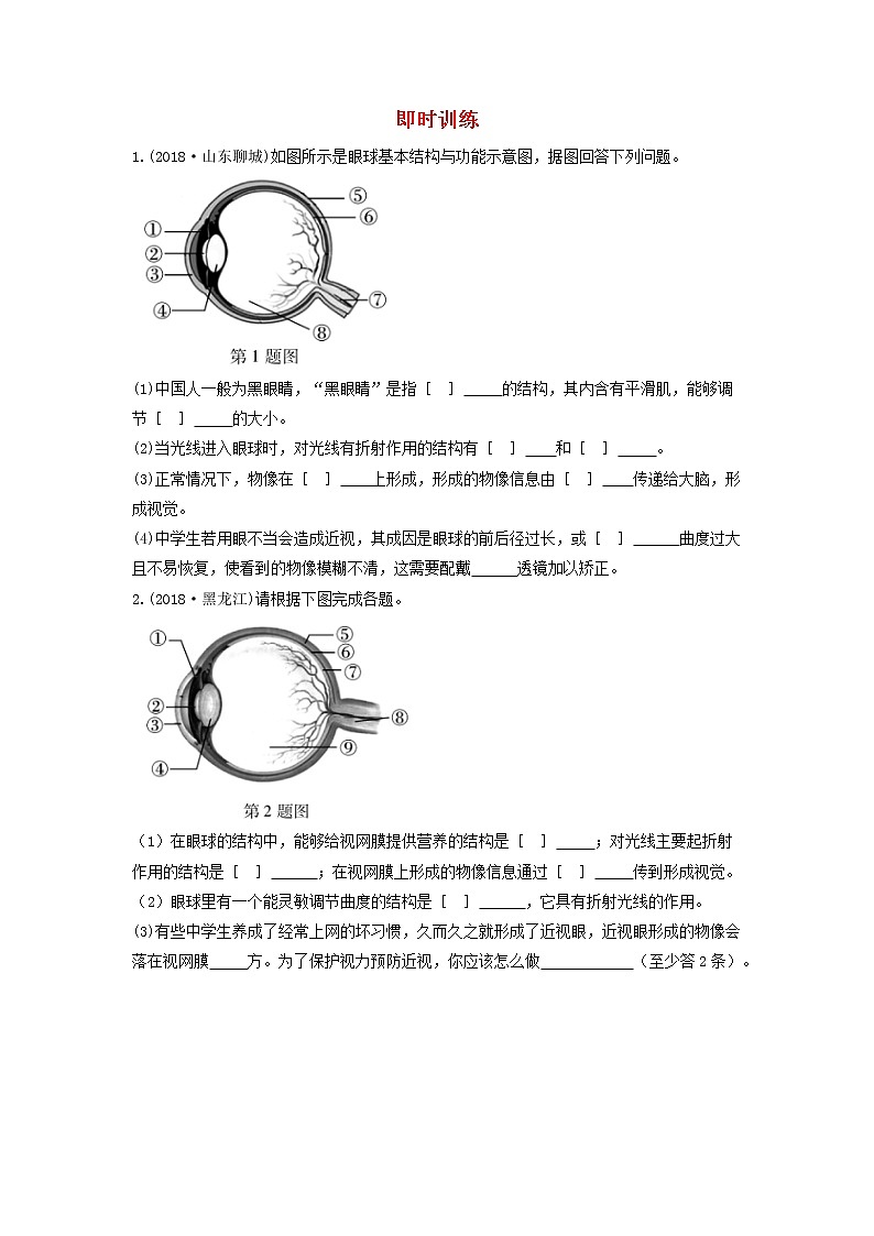 初中生物中考复习 中考生物总复习第二部分重点题型探究题型二识图题第七类视觉器官的结构与生理活动习题第1页