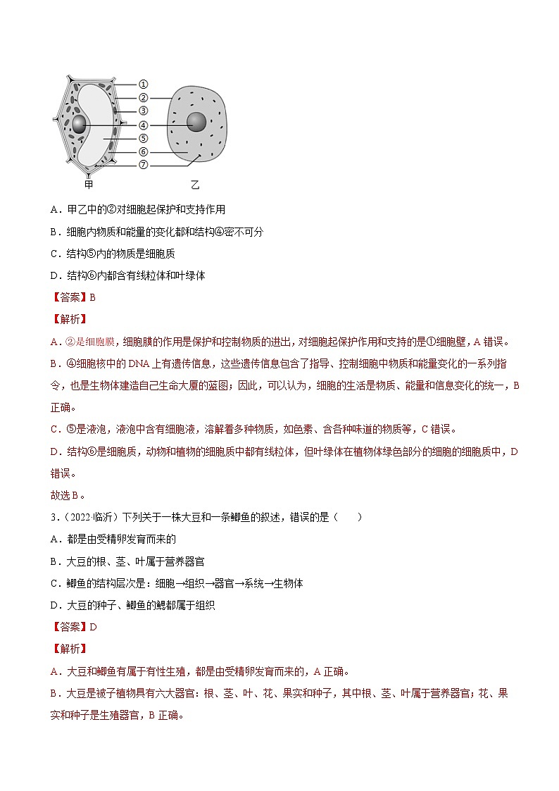 初中生物中考复习 专题02 生物体的结构层次-2022年中考生物真题分项汇编 (全国通用)(解析版)02