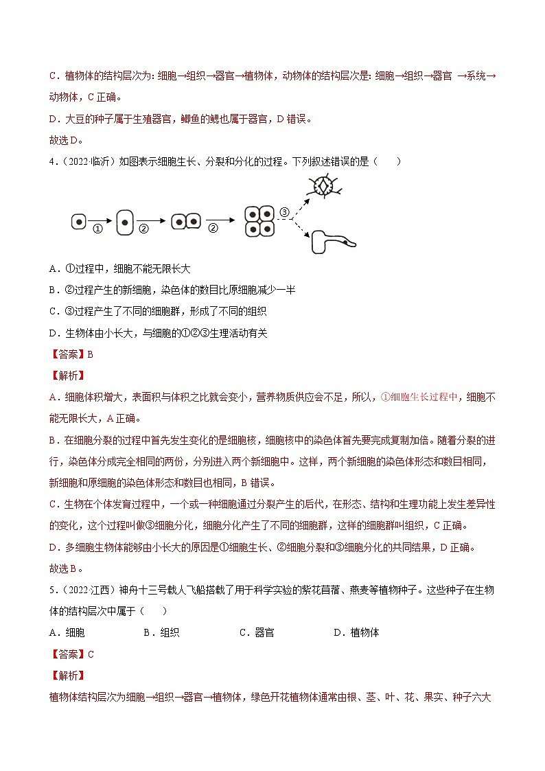初中生物中考复习 专题02 生物体的结构层次-2022年中考生物真题分项汇编 (全国通用)(解析版)03