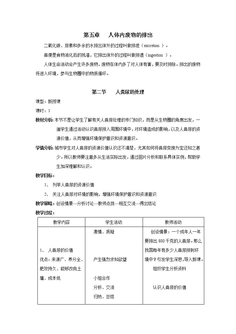 第五章 人体内废物的排出 第二节 人粪尿的处理 课件+教案01