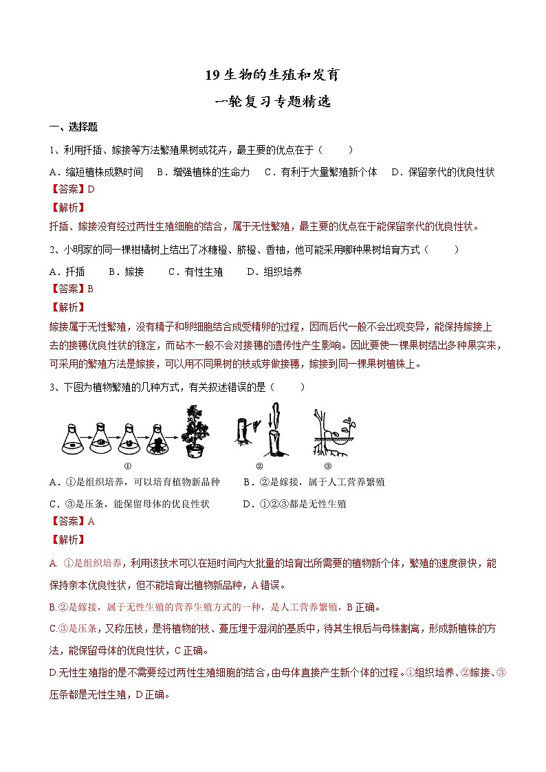 初中生物中考复习 专题19 生物的生殖和发育(习题)-【过一轮】2022年中考生物一轮复习课件精讲与习题精练(解析版)01