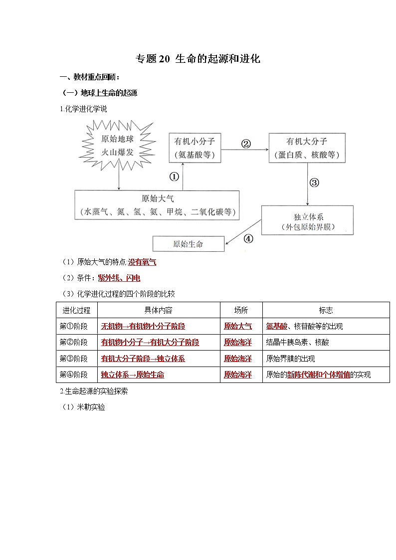 初中生物中考复习 专题20 生命的起源和进化(解析版)第1页