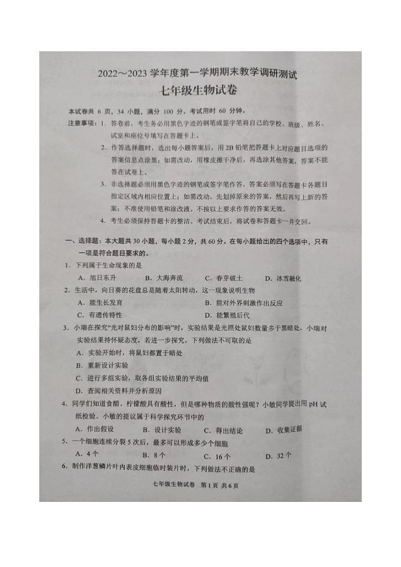 广东省湛江市徐闻县2022—2023学年七年级上学期期末教学调研测试生物试卷第1页