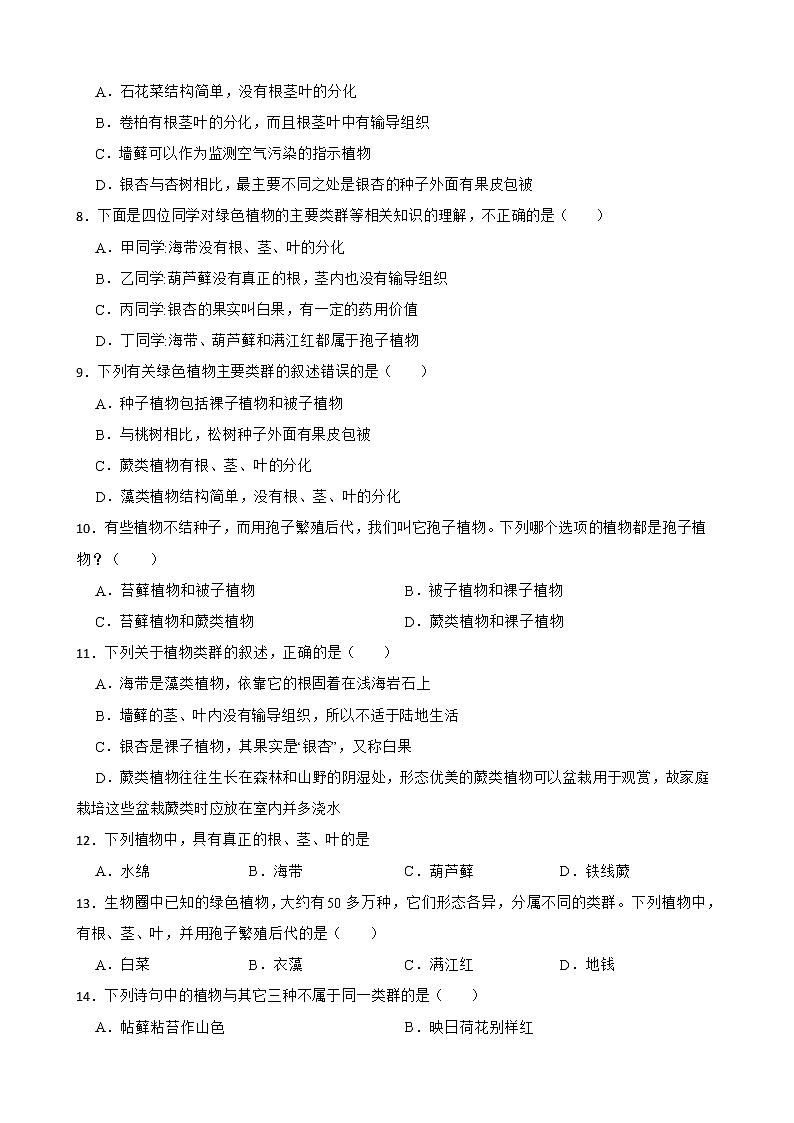 【中考一轮复习】2023年生物人教版专用训练卷——专题5 生物圈中有哪些绿色植物( 含解析)02