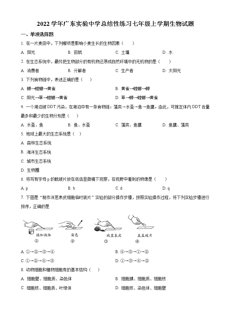 精品解析:广东省广州市越秀区广东实验中学2022-2023学年七年级上学期期末生物试题(原卷版)第1页