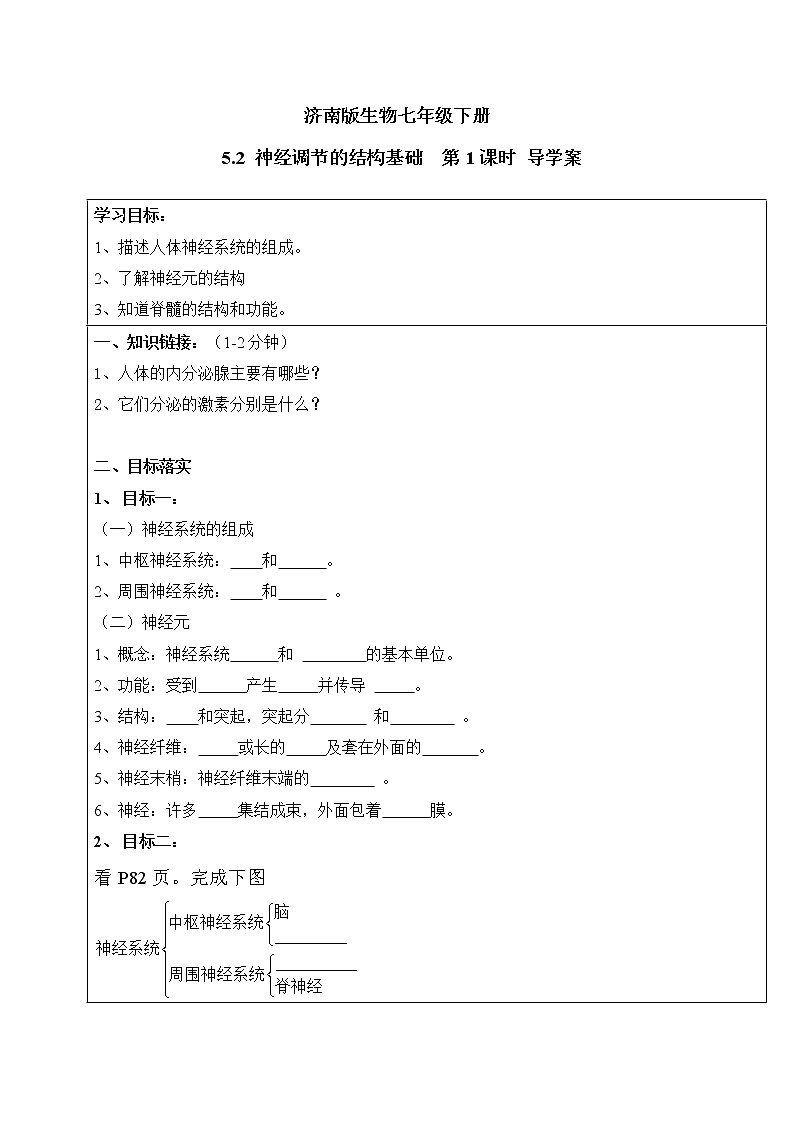濟南版生物七年級下冊 5.2 神經(jīng)調(diào)節(jié)的結(jié)構(gòu)基礎  第1課時 導學案第1頁