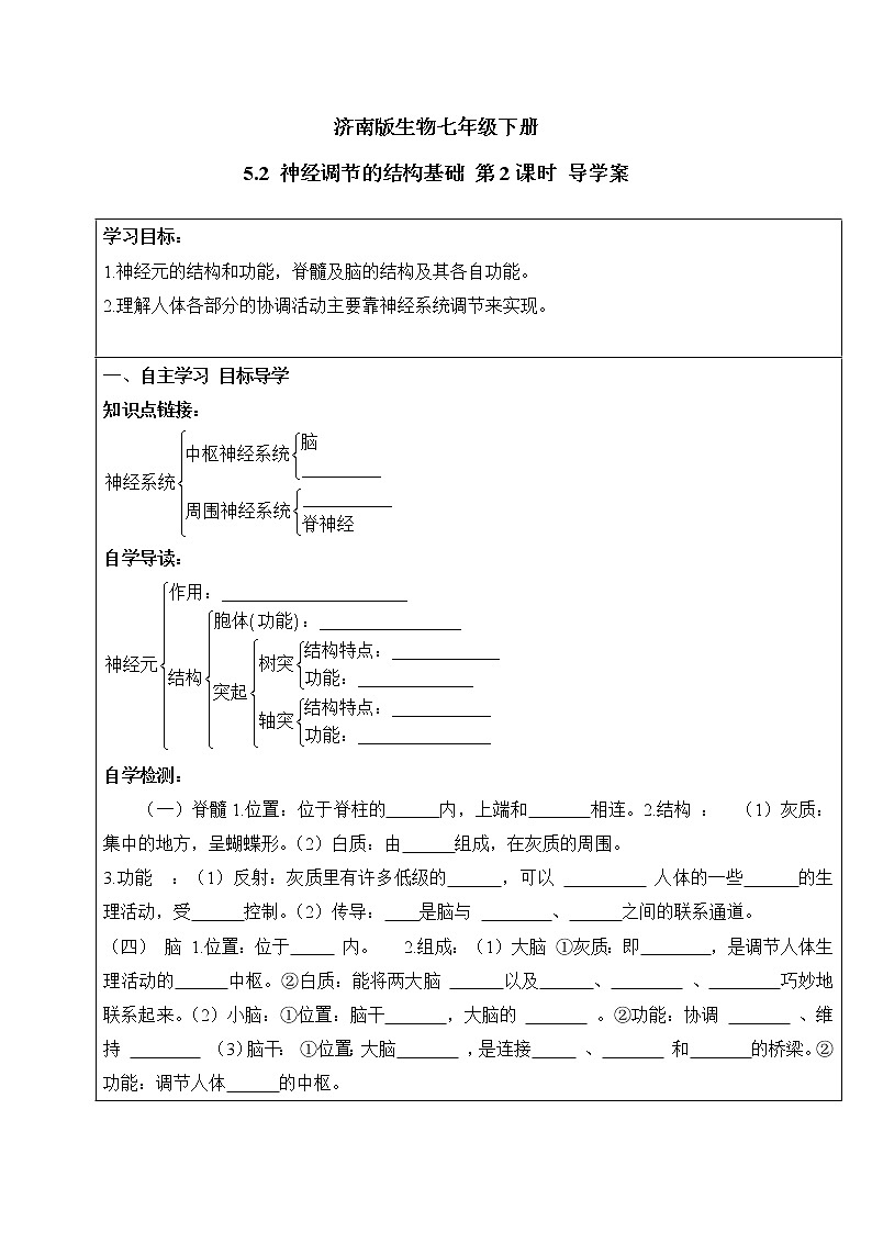 濟(jì)南版生物七年級(jí)下冊(cè) 5.2 神經(jīng)調(diào)節(jié)的結(jié)構(gòu)基礎(chǔ) 第2課時(shí) 導(dǎo)學(xué)案第1頁