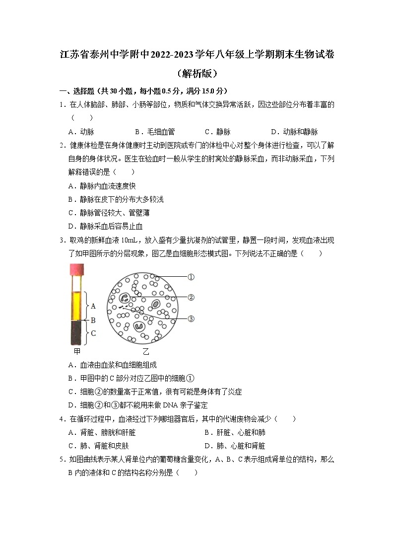 江苏省泰州中学附属初级中学2022-2023学年八年级上学期期末生物试卷01