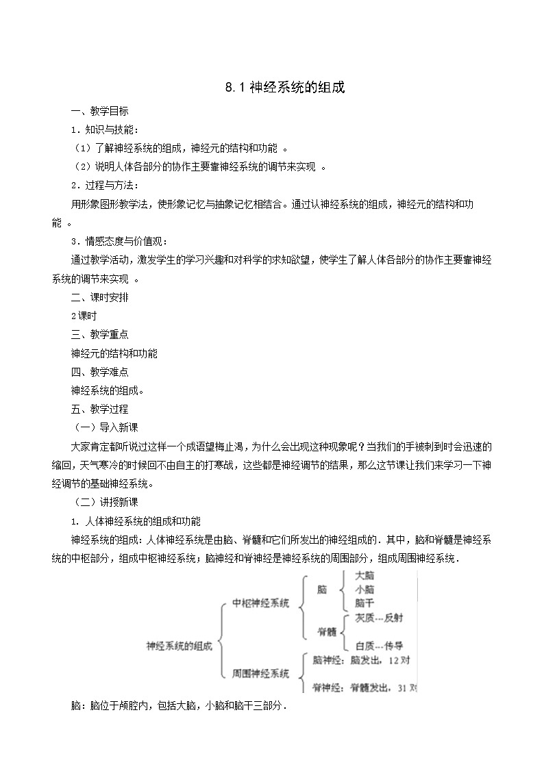 京改版生物七下 8.1神经系统的组成 教案第1页