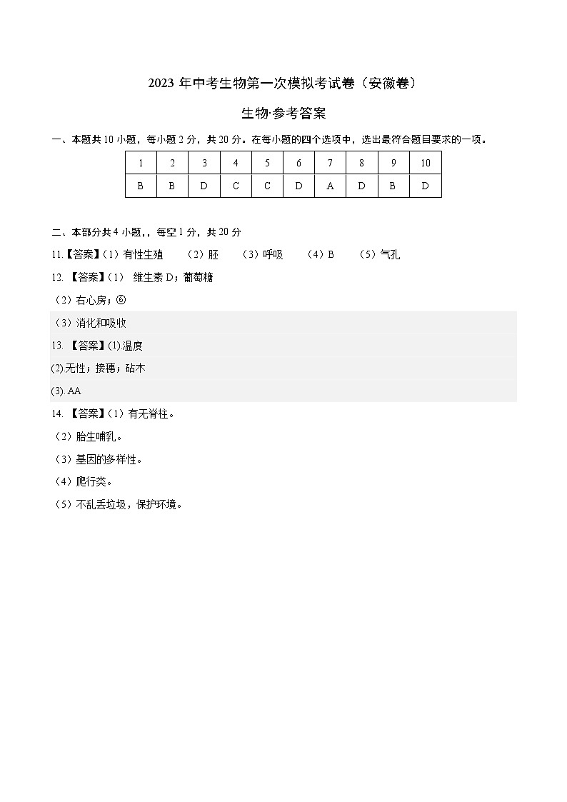 生物(安徽卷)(参考答案)第1页
