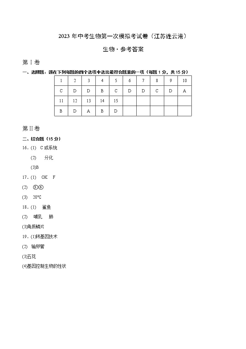 生物(江苏连云港卷)-学易金卷:2023年中考第一次模拟考试卷01