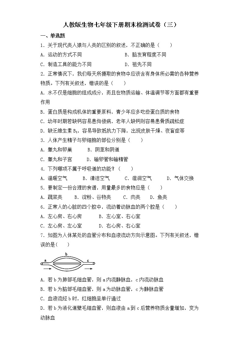人教版生物七年级下册期末检测试卷 (三)01
