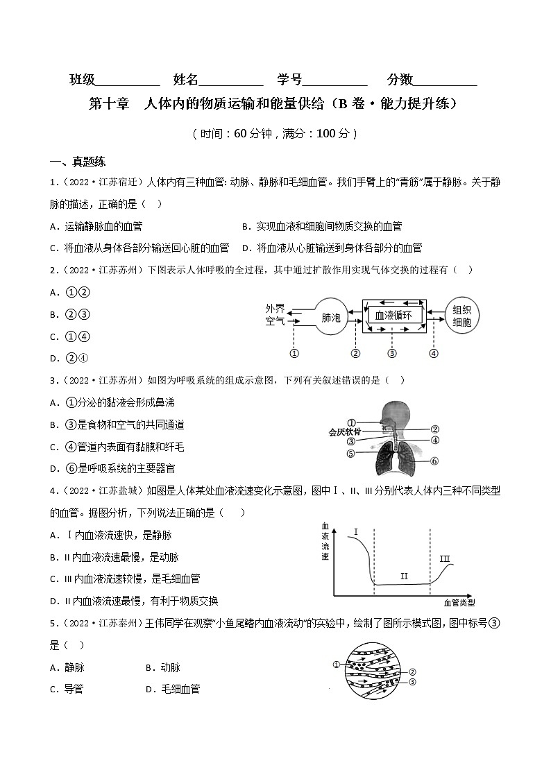 第十章 人体内的物质运输和能量供给(培优卷)——2022-2023学年七年级下册生物单元卷(苏教版)01