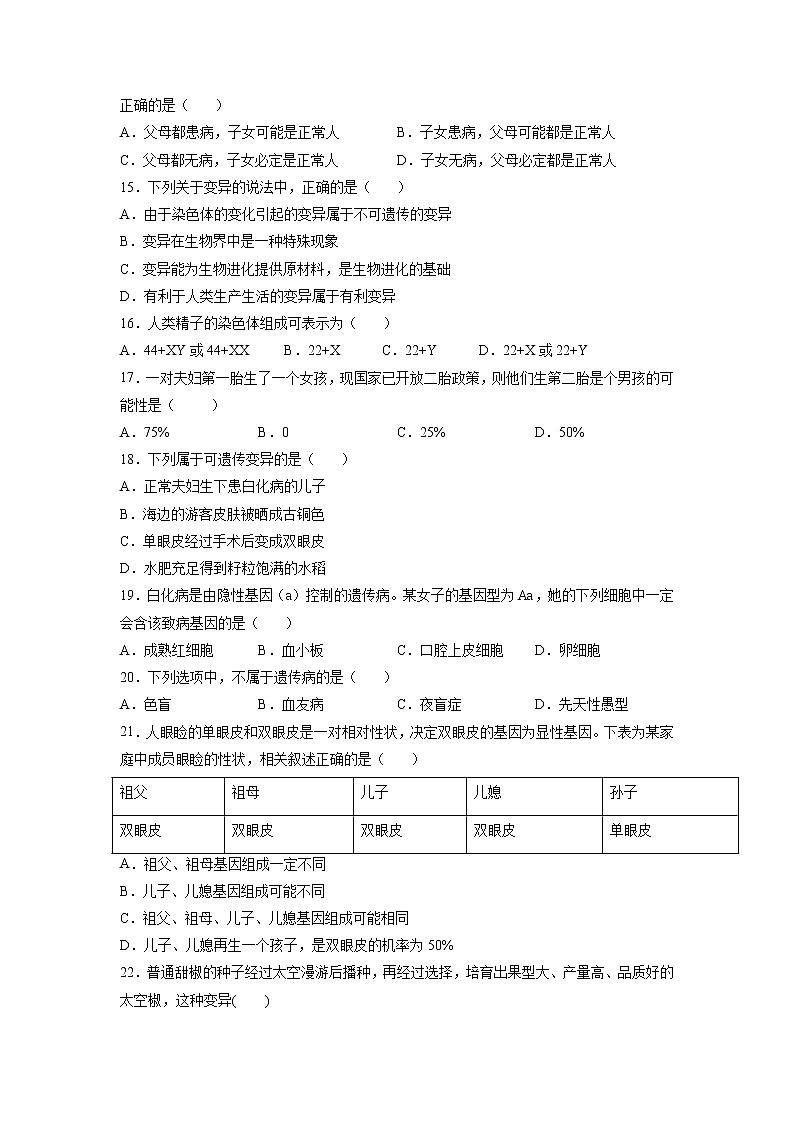 第2章 生物的遺傳與變異（基礎(chǔ)卷）——2022-2023學(xué)年八年級(jí)下冊(cè)生物單元卷（人教版）（原卷版）第3頁(yè)
