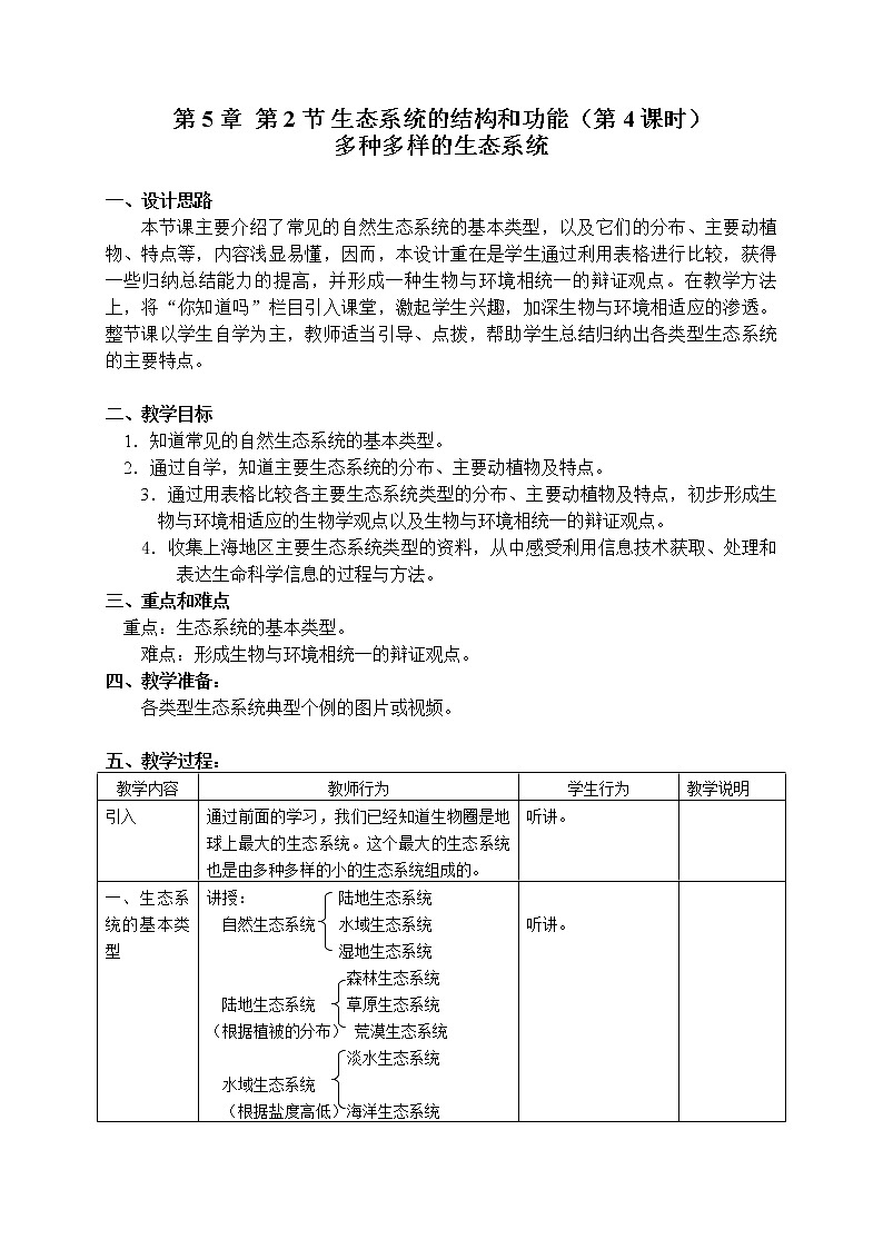 5.2 《多种多样的生态系统》(课时4) 教案第1页