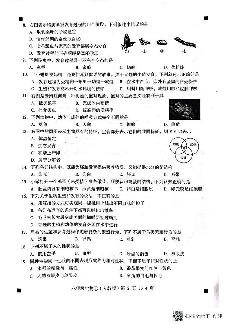 2022-2023学年度第二学期自我评价1八年级生物(扫描版+答案) (2)第2页