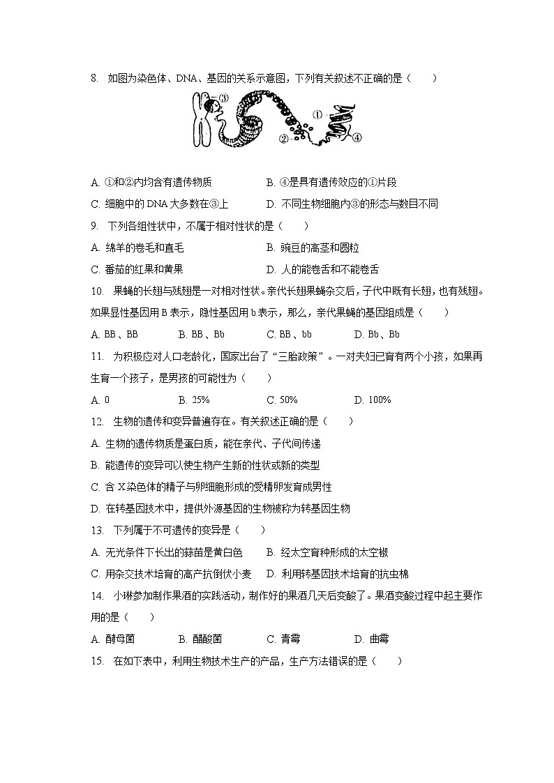2023年河南省洛陽市汝陽縣中考生物一模試卷（含解析）第3頁