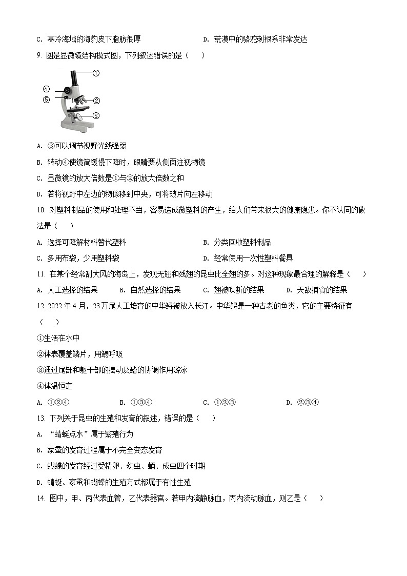 初中生物中考复习 精品解析:2022年江西省中考生物真题(原卷版)第2页