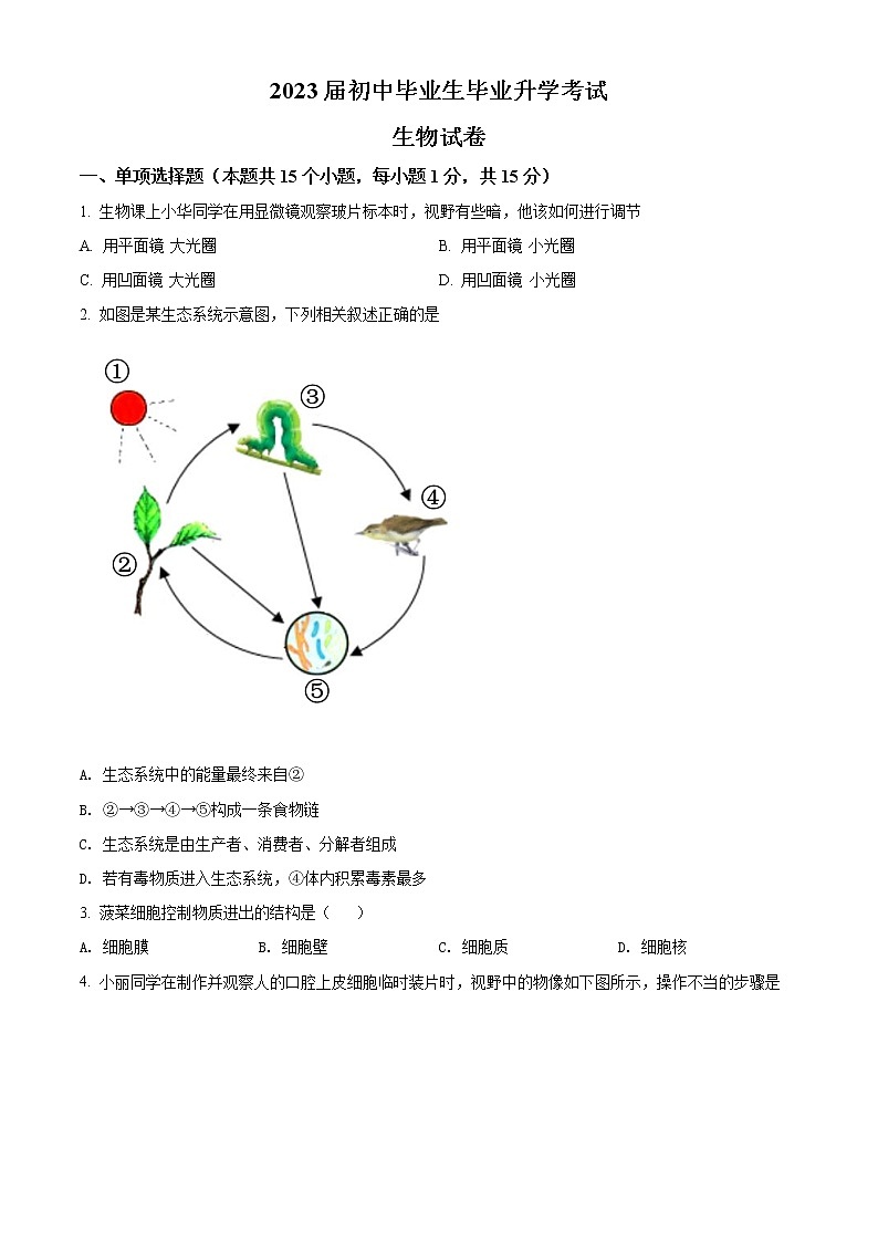 初中生物中考复习 精品解析:2022年辽宁省营口市中考生物真题(原卷版)第1页