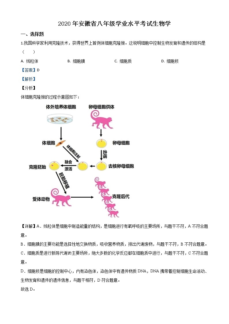 初中生物中考复习 精品解析:安徽省2020年中考试题(解析版)第1页