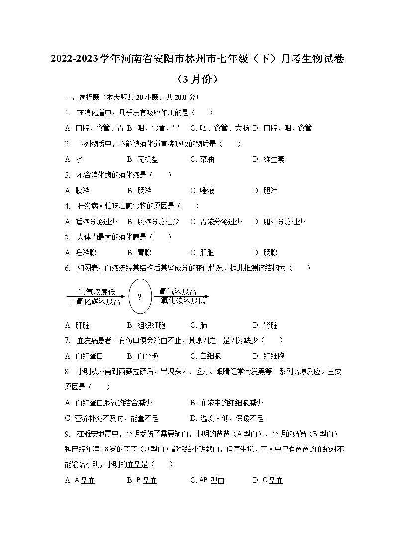 2022-2023學年河南省安陽市林州市七年級（下）月考生物試卷（3月份）（含解析）第1頁