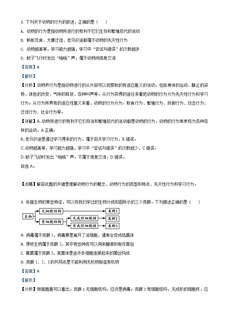 初中生物中考复习 精品解析:内蒙古呼和浩特市2020年中考生物试题(解析版)第2页