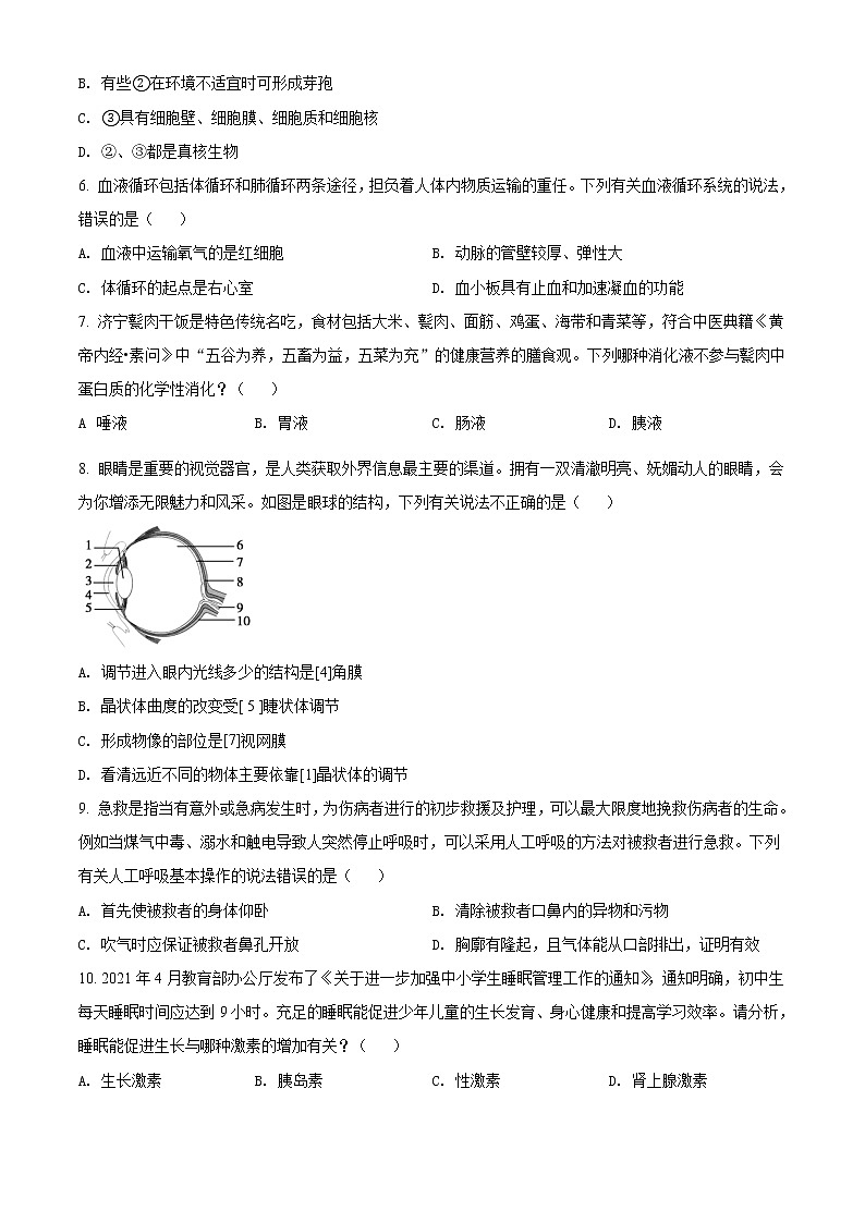 初中生物中考复习 精品解析:山东省济宁市2021年中考生物试题(原卷版)02