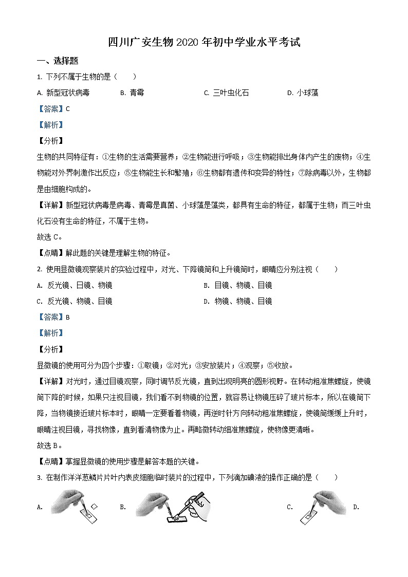 初中生物中考复习 精品解析:四川省广安市2020年中考生物试题(解析版)第1页