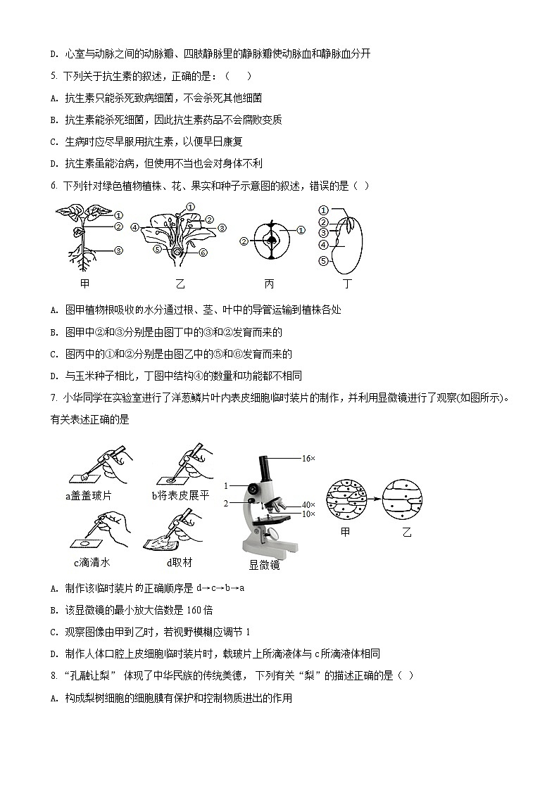 初中生物中考复习 精品解析:四川省资阳市2021年生物中考试题(原卷版)第2页