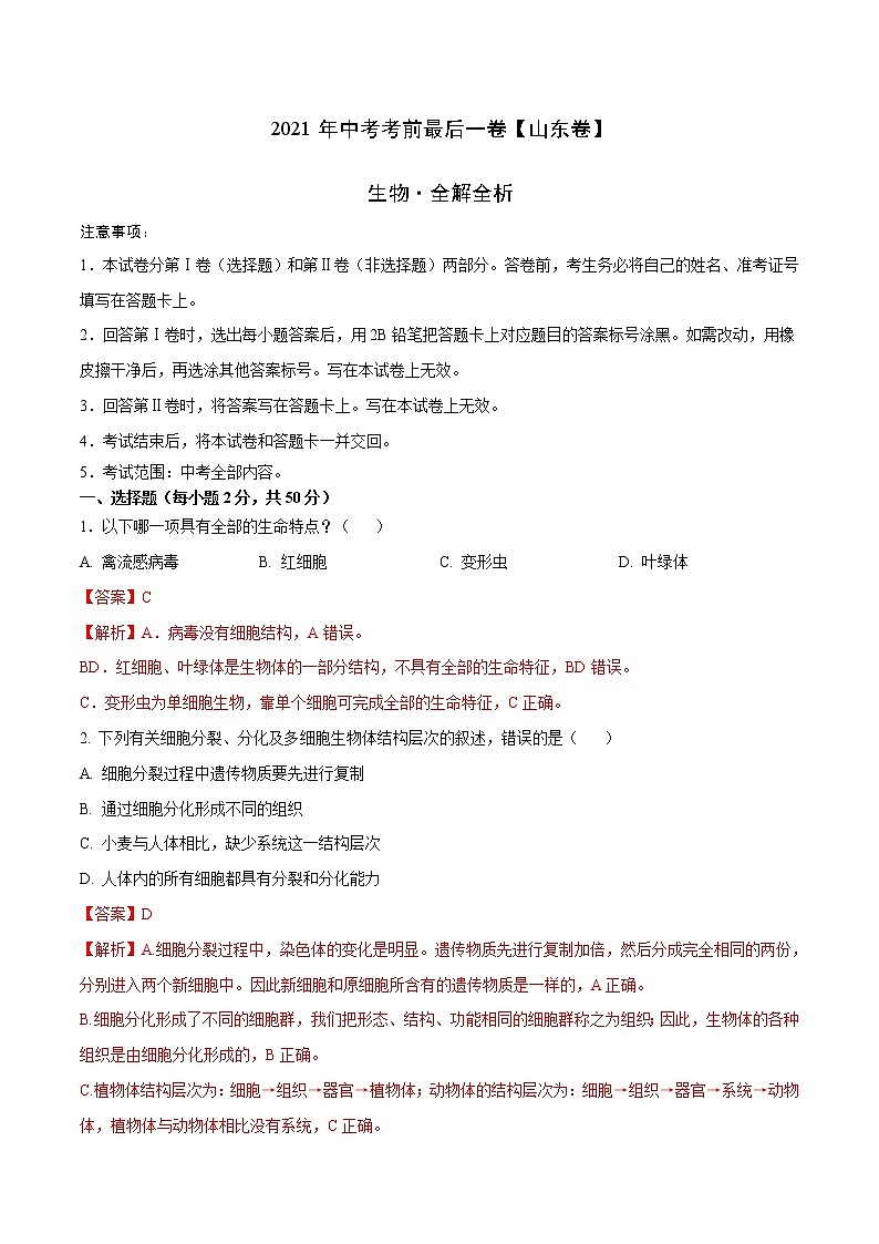 初中生物中考复习 生物-(山东卷)【试题猜想】2021年中考考前最后一卷(全解全析)01