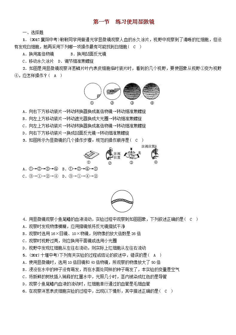 初中生物中考复习 中考生物总复习第1节练习使用显微镜精练第1页