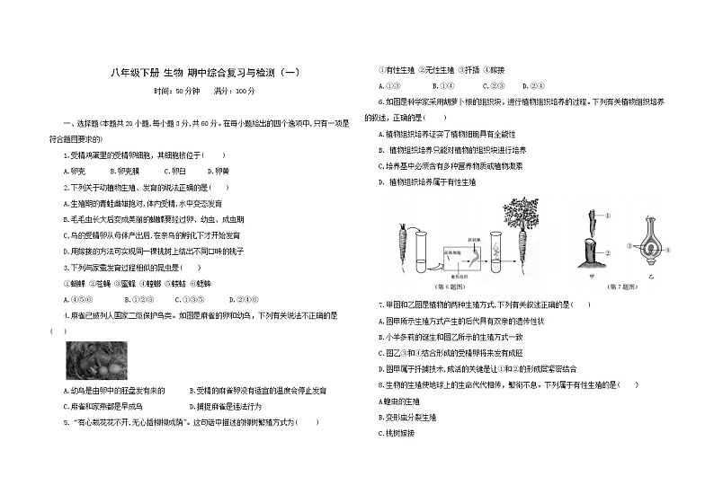 人教版生物八年级下册期中模拟测试卷(一)(含答案)01