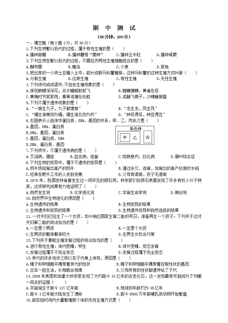 冀教版生物八年级下册期中模拟测试卷(一)(含答案)第1页