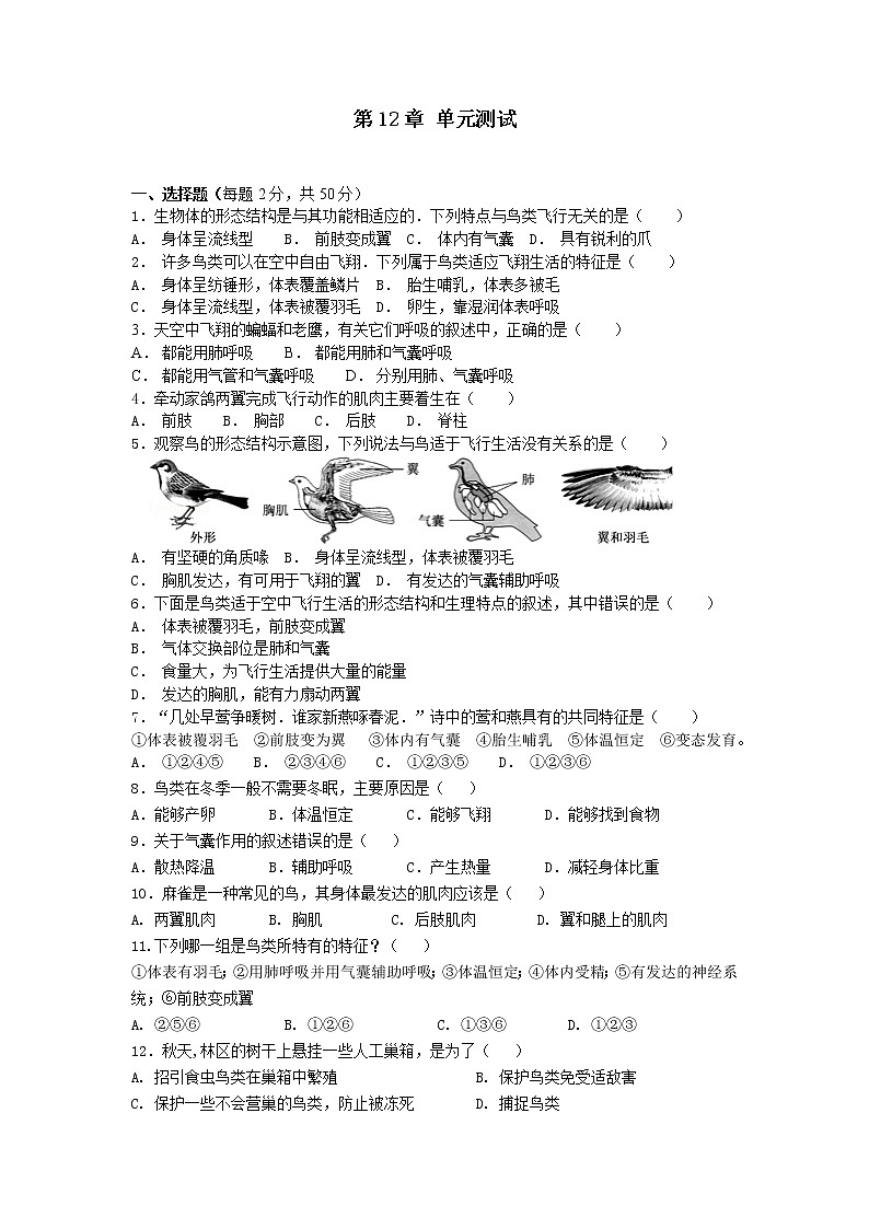 初中生物苏科版七年级下学期同步检测试题:第12章 空中的生物 检测题(含答案)01