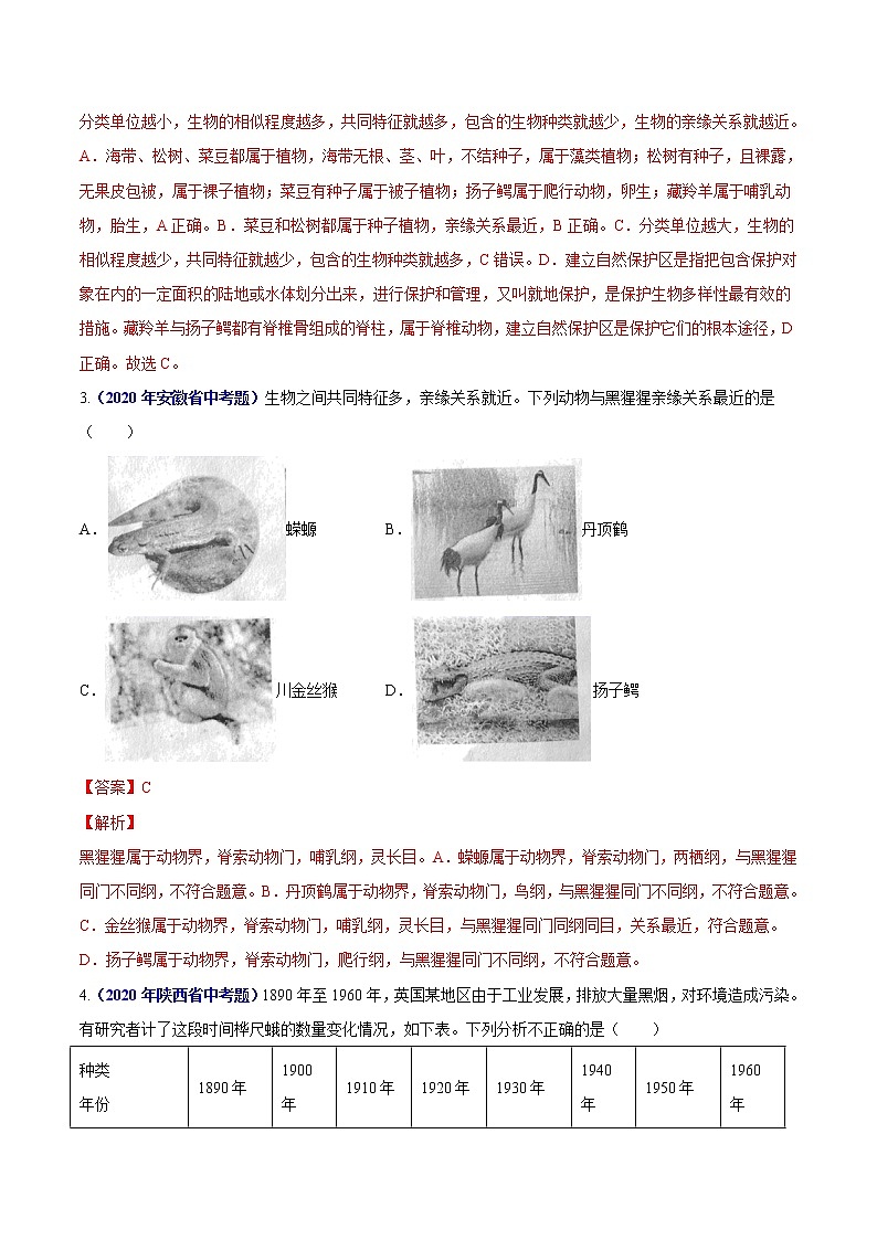 初中生物中考复习 专题10 生物的分类进化和多样性保护-2020年中考生物真题分项汇编(全国通用)(解析版)02