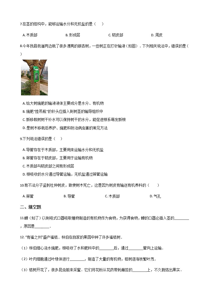 北师大版七年级上册生物 3.5.5运输作用 同步测试第2页