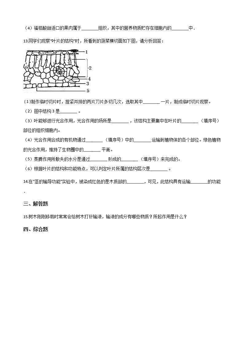 北师大版七年级上册生物 3.5.5运输作用 同步测试第3页