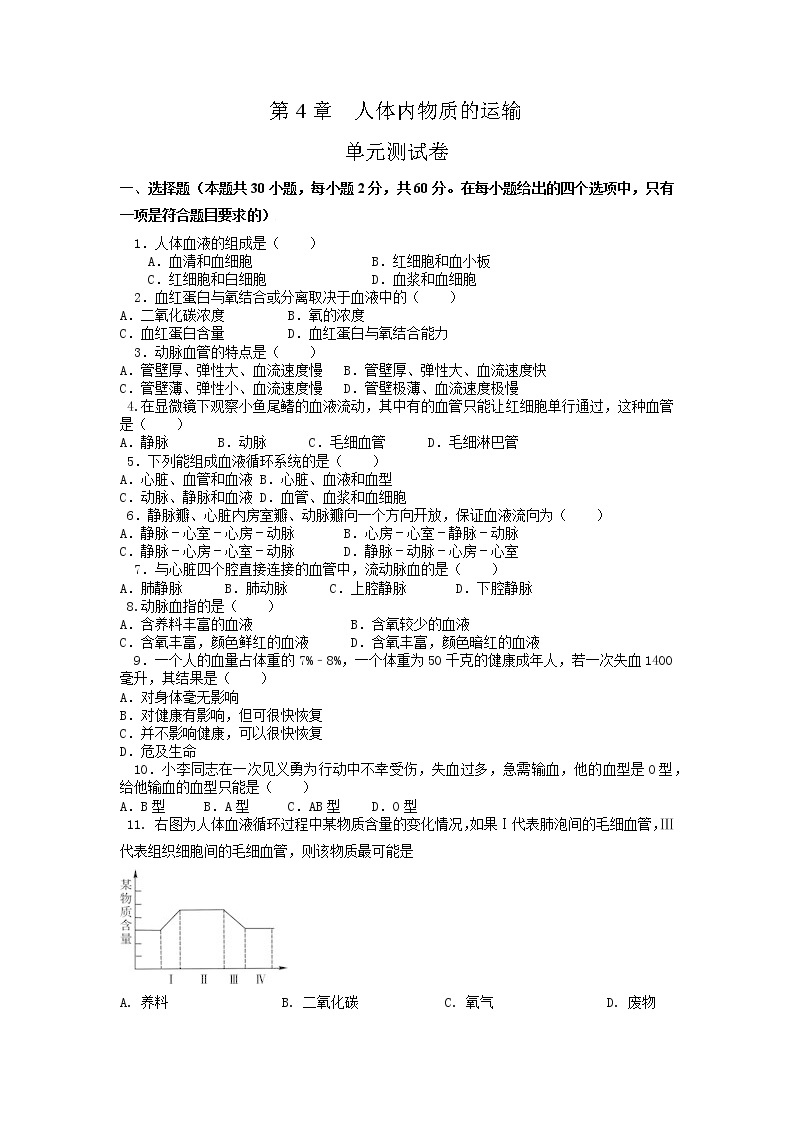 单元复习04 人体内物质的运输【专项练习】——2022-2023学年人教版生物七年级下册单元综合复习（原卷版+解析版）01