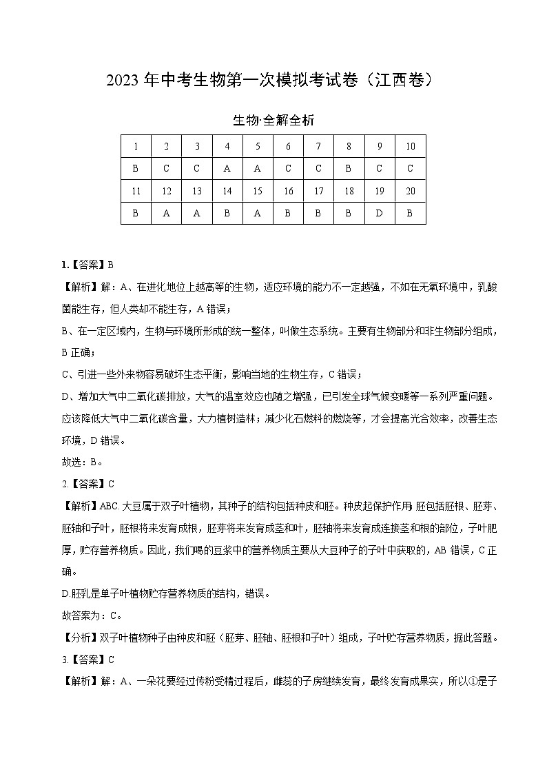 2023年中考第一次模拟考试卷生物(江西卷)(全解全析)01