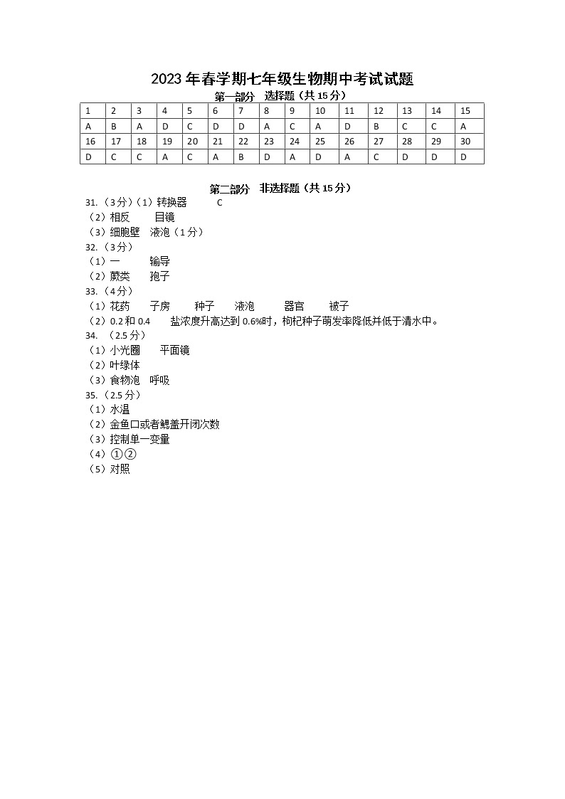 江苏省泰州市海陵区2022-2023学年七年级下学期期中生物试卷01