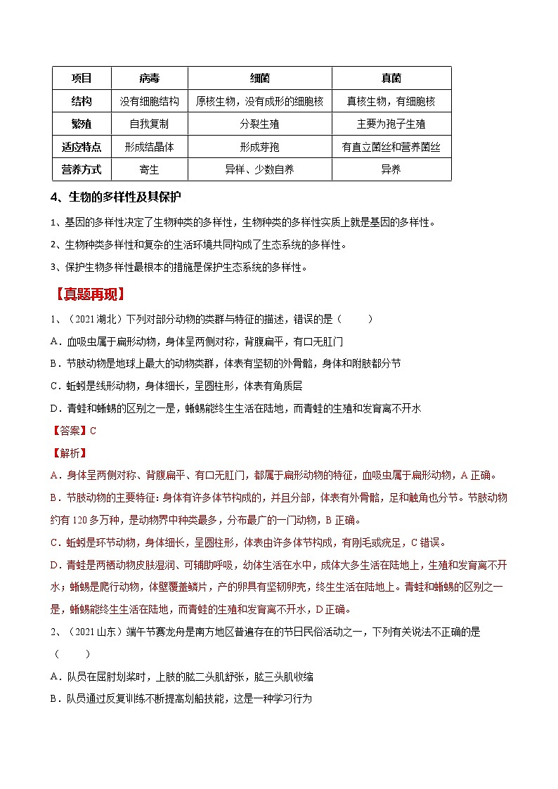 中考生物二轮复习专题06 生物圈中的其他生物(教师版)第2页